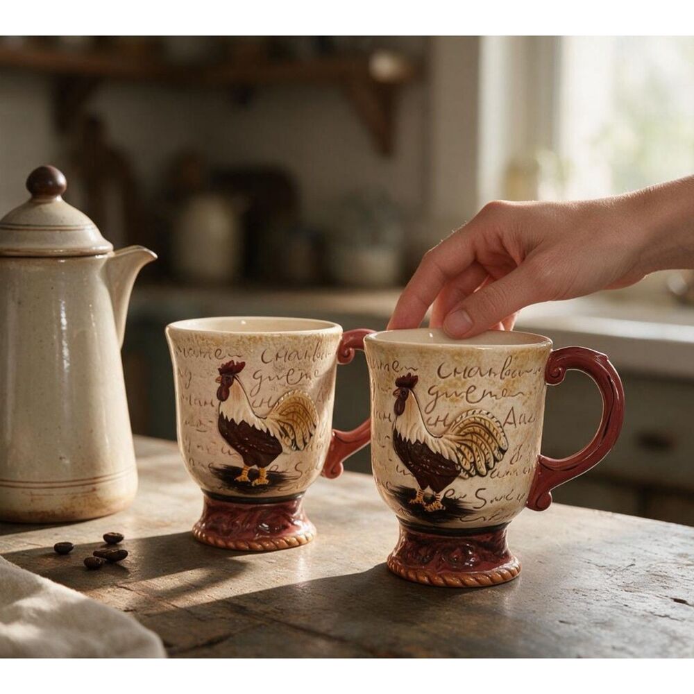 Beautiful Pair (2) Collections Country Rooster Pedestal Coffee Mug Ceramic 10 oz